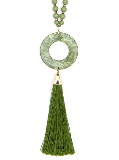 Beaded Acetate Pendant Necklace with Tassel - Green