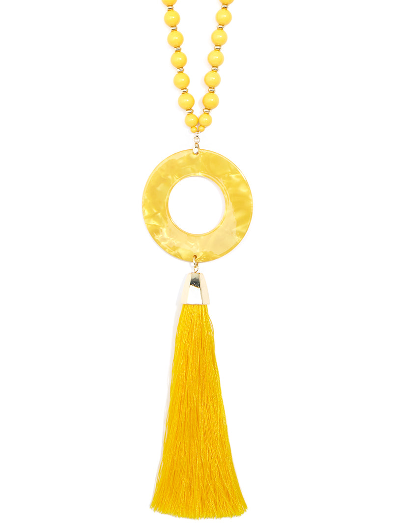 Beaded Acetate Pendant Necklace with Tassel - Yellow