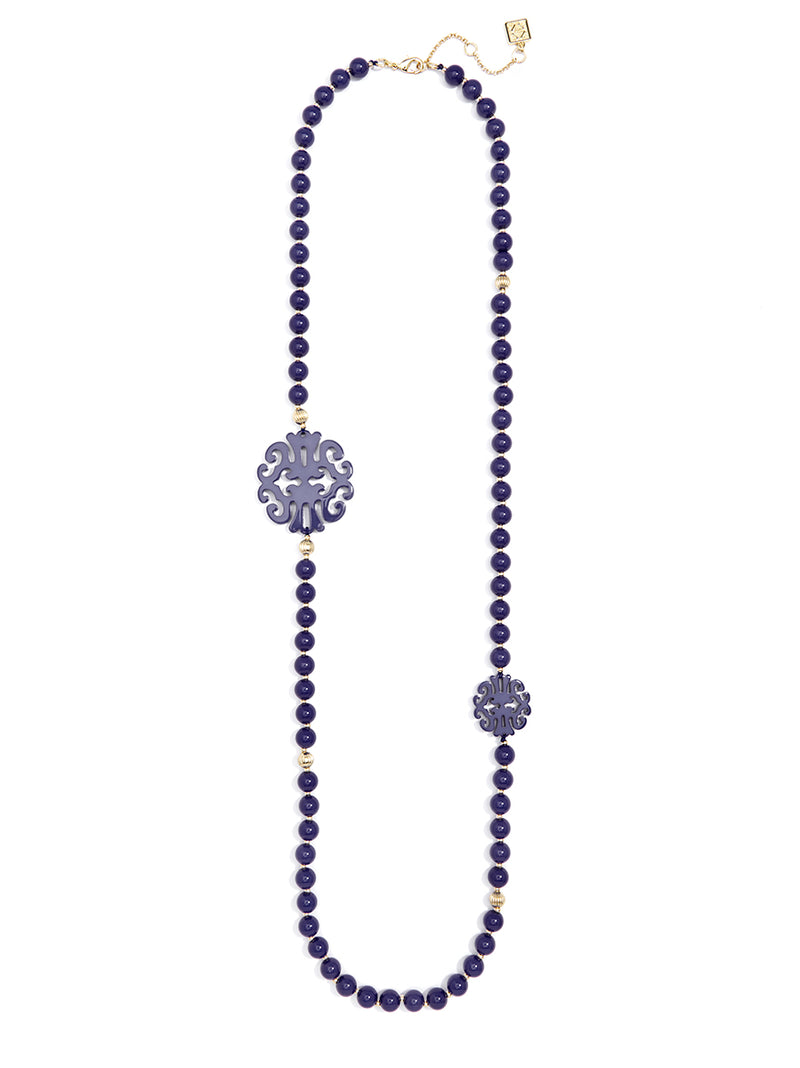 Uptown Swirl Beaded Long Necklace - Navy