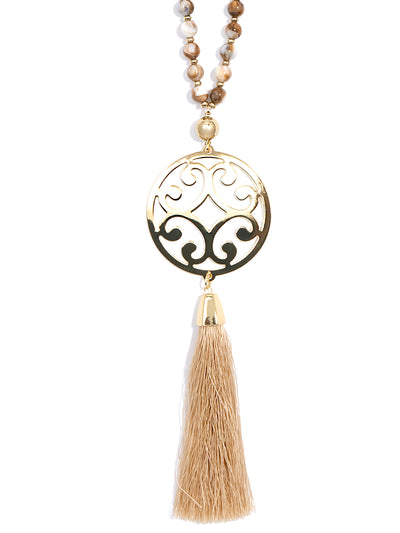 Circle Scroll Metal Pendant Necklace with Tassel - BEI