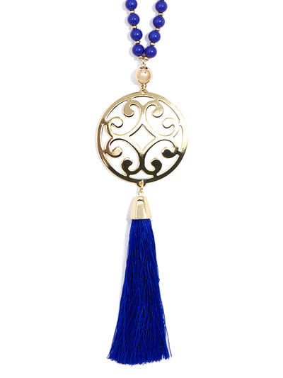 Circle Scroll Metal Pendant Necklace with Tassel - COBALT