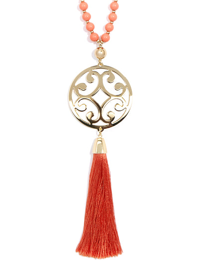 Circle Scroll Metal Pendant Necklace with Tassel - COR