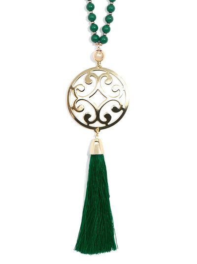 Circle Scroll Metal Pendant Necklace With Tassel - emerald