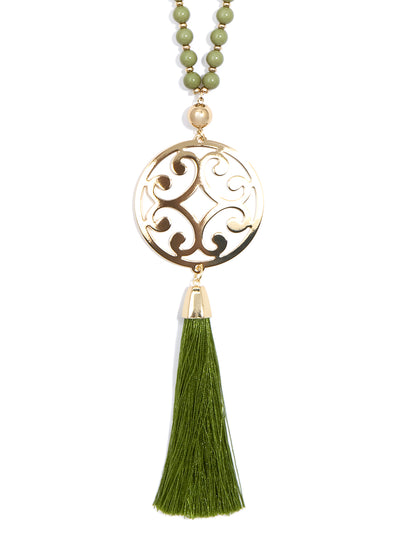 Circle Scroll Metal Pendant Necklace with Tassel - GRN