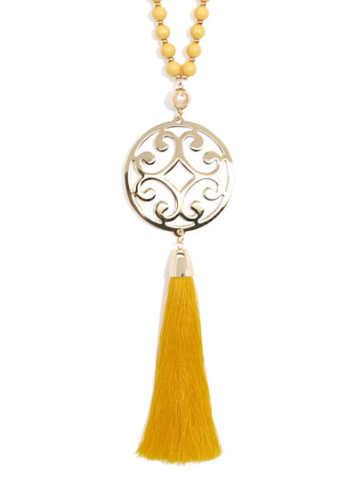 Circle Scroll Metal Pendant Necklace With Tassel - honey