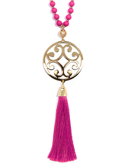Circle Scroll Metal Pendant Necklace with Tassel - H.PNK