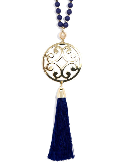 Circle Scroll Metal Pendant Necklace With Tassel - navy