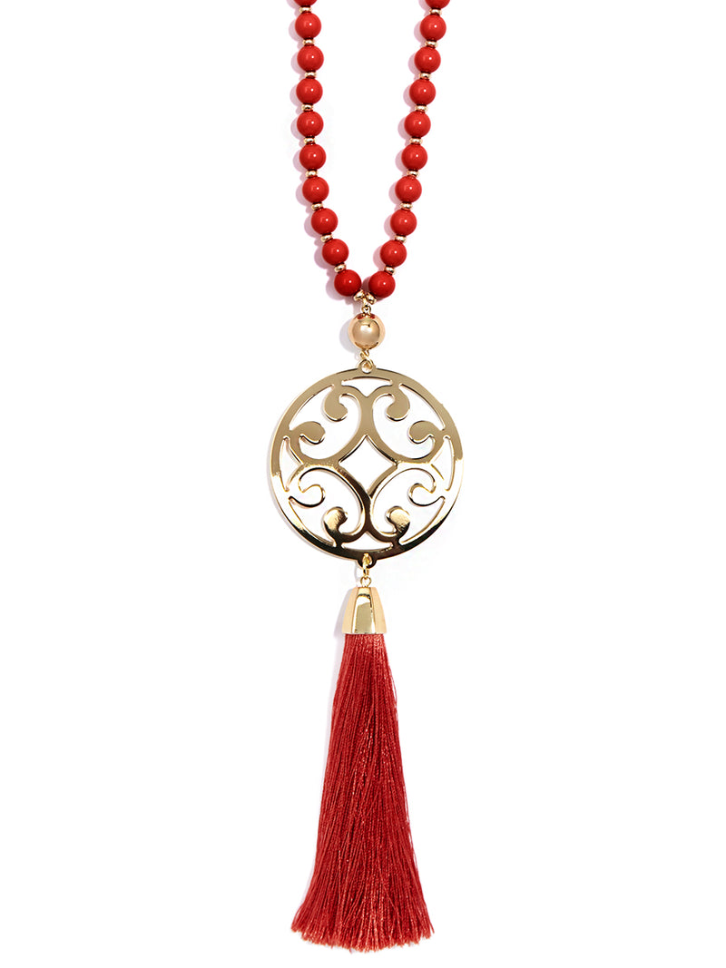 Circle Scroll Metal Pendant Necklace With Tassel - Red