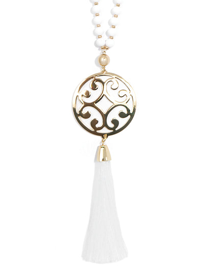 Circle Scroll Metal Pendant Necklace with Tassel - WHT