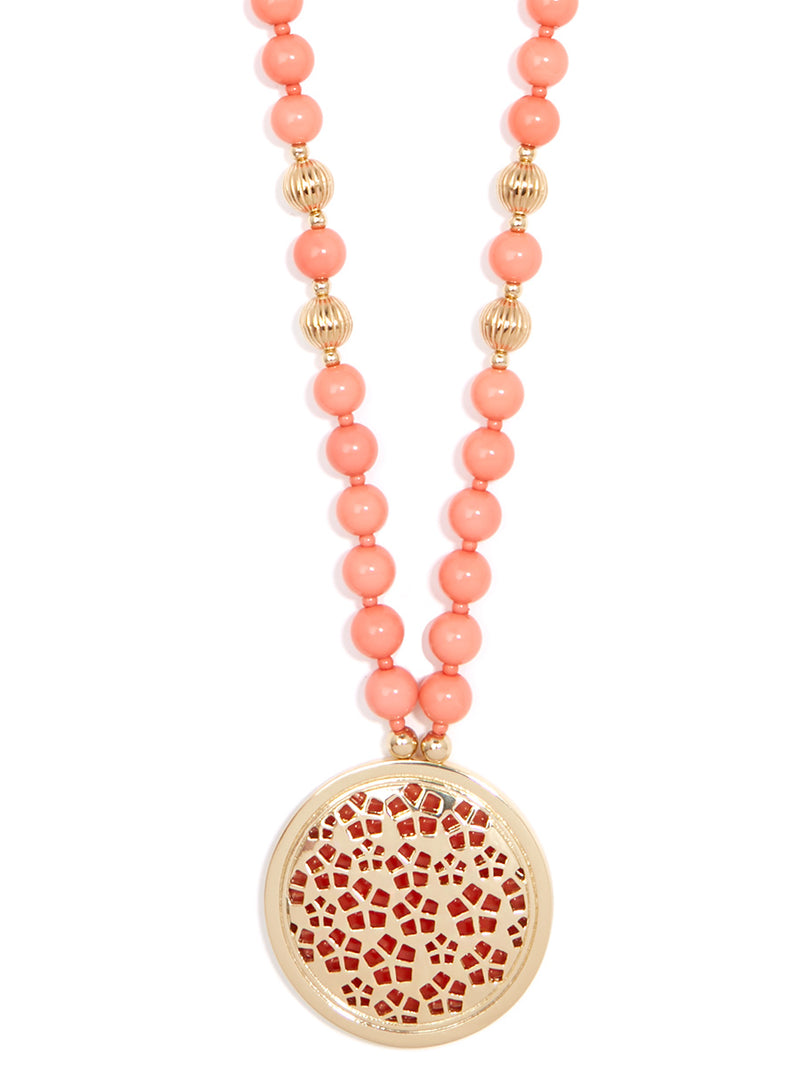 Beaded Necklace with Round Resin Pendant
