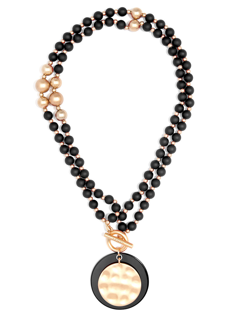 Resin and Matte Coin Beaded Long Necklace - BLK