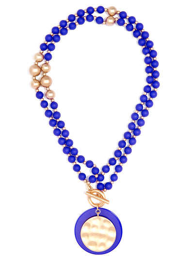 Resin and Matte Coin Beaded Long Necklace- COBALT