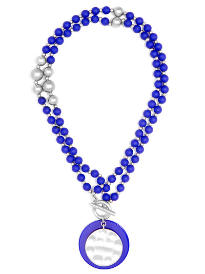 Resin and Matte Coin Beaded Long Necklace - ms/cobalt