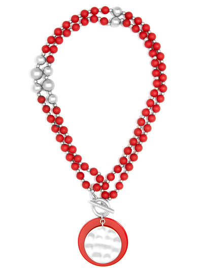 Resin and Matte Coin Beaded Long Necklace - ms/red