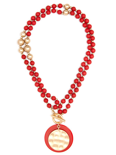 Resin and Matte Coin Beaded Long Necklace - RED