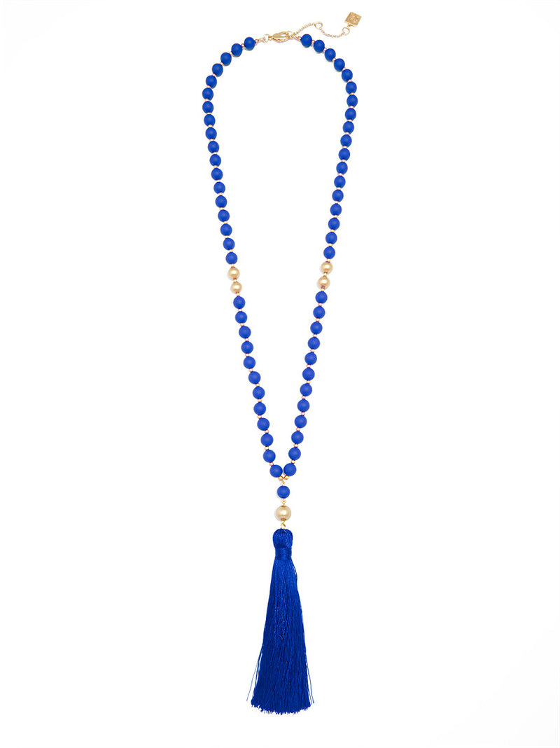 Matte Beaded Necklace with Tassel - cobalt