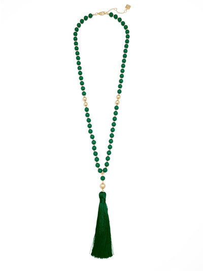 Matte Beaded Necklace with Tassel - emerald