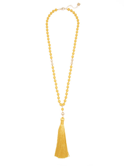 Matte Beaded Necklace with Tassel - honey