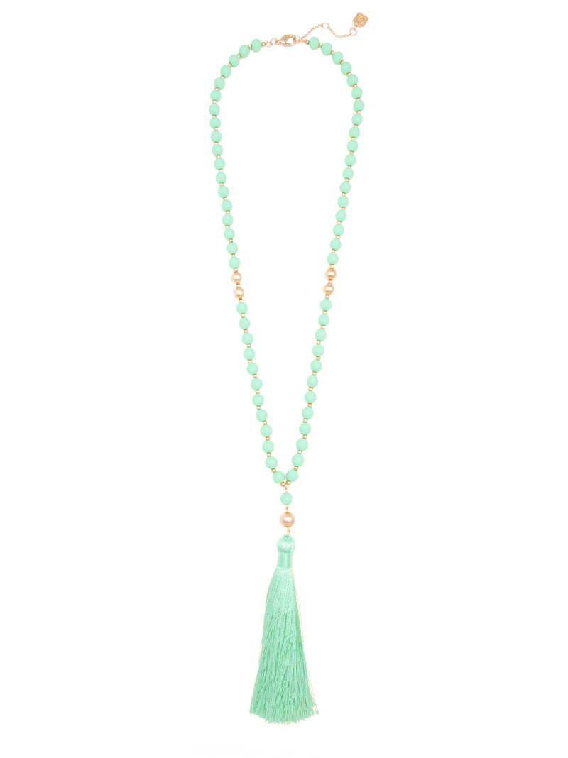 Matte Beaded Necklace with Tassel - Mint