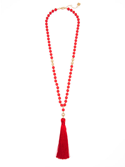 Matte Beaded Necklace with Tassel - red