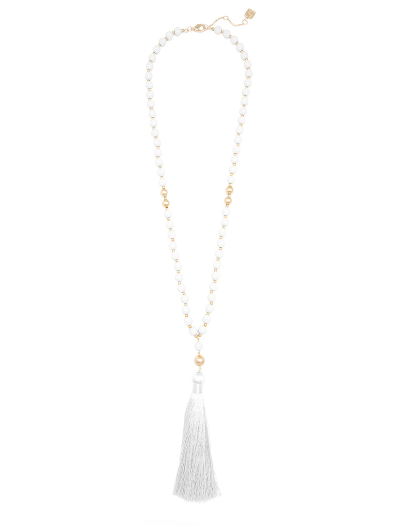 Matte Beaded Necklace with Tassel - wht