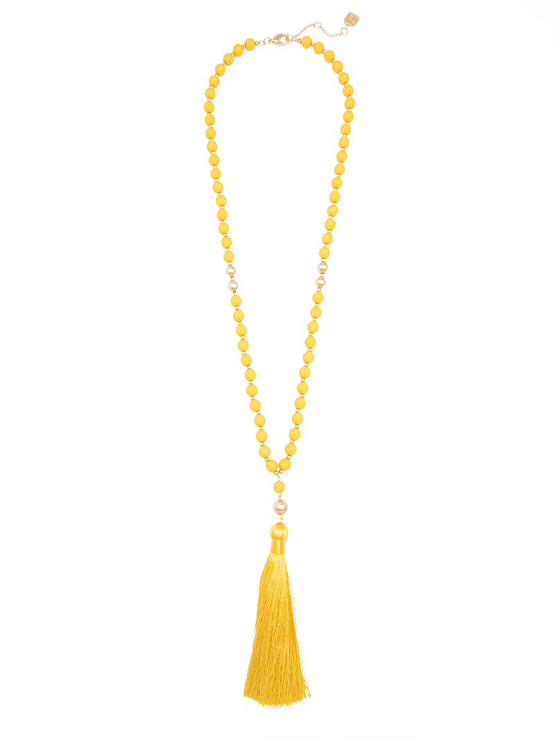 Matte Beaded Necklace with Tassel - ylw