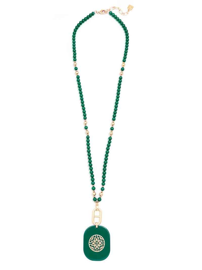 Resin Beaded Pendant Long Necklace - emerald