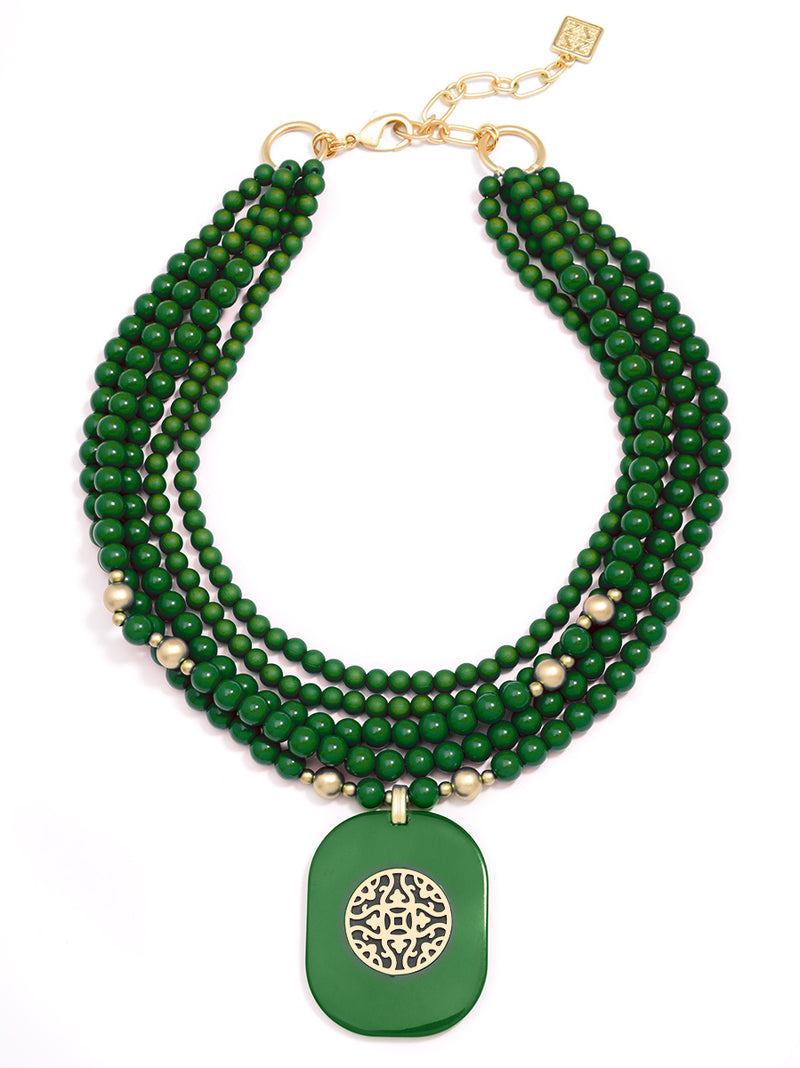 Multi-Strand Resin Beaded Collar Pendant Necklace - emerald
