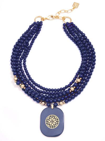 Multi-Strand Resin Beaded Collar Pendant Necklace - navy