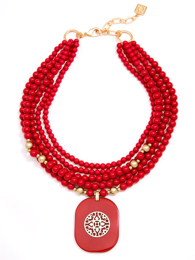 Multi-Strand Resin Beaded Collar Pendant Necklace - red