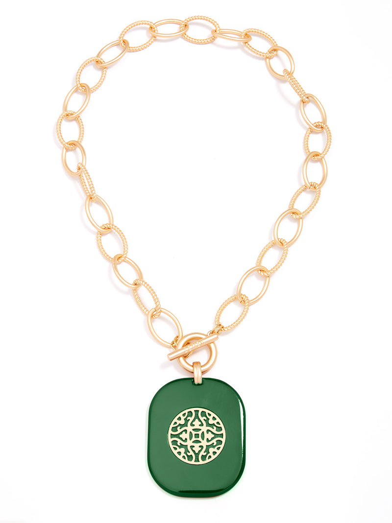 Matte Oval Links Pendant Collar Necklace - emerald