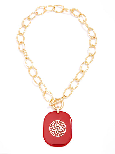 Matte Oval Links Pendant Collar Necklace - red
