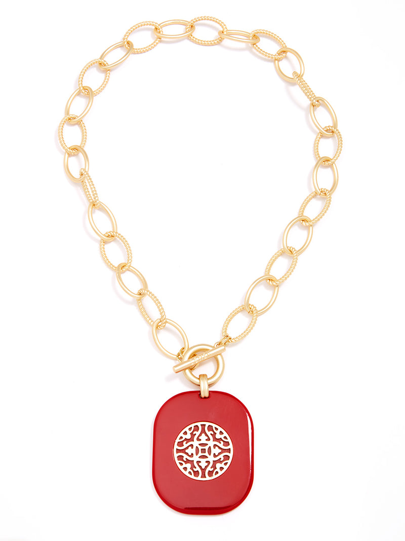 Matte Oval Links Pendant Collar Necklace - red