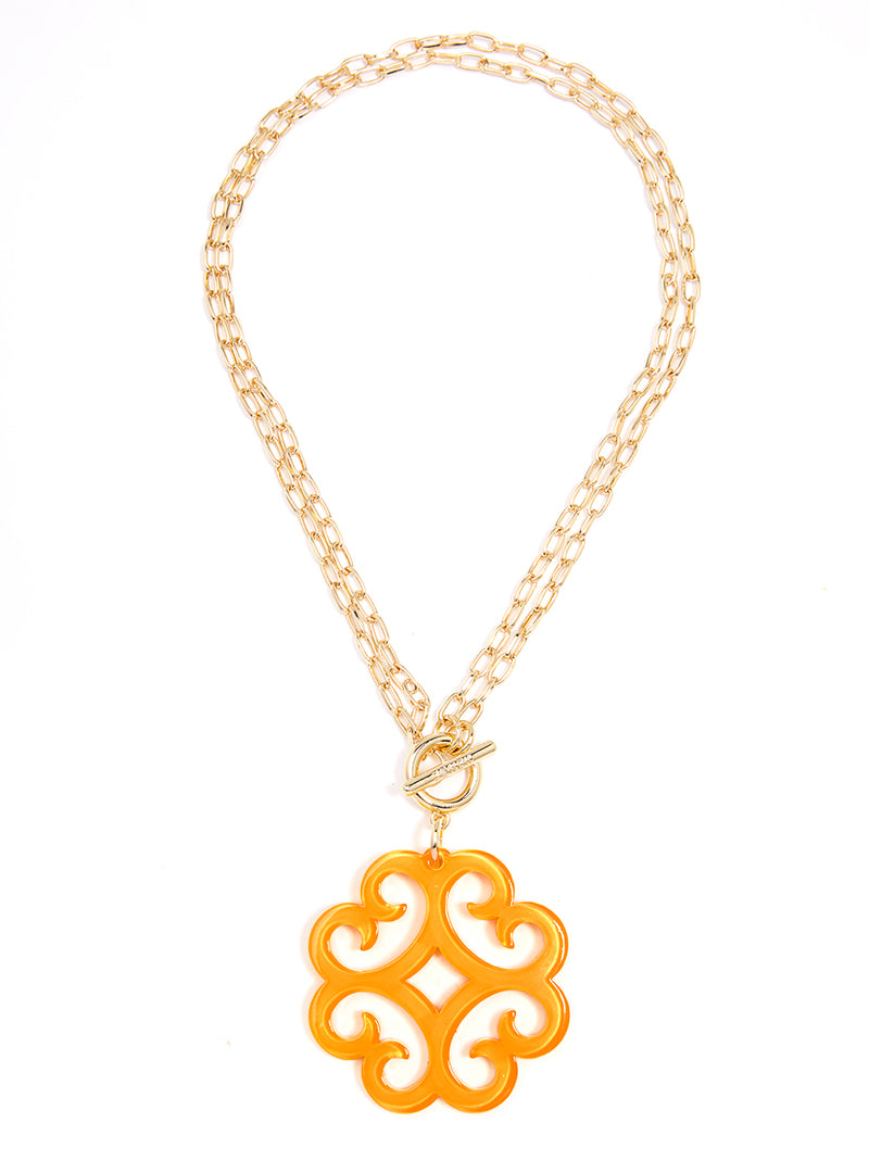 Circular Wave Resin Pendant Double Link Chain Necklace - HONEY