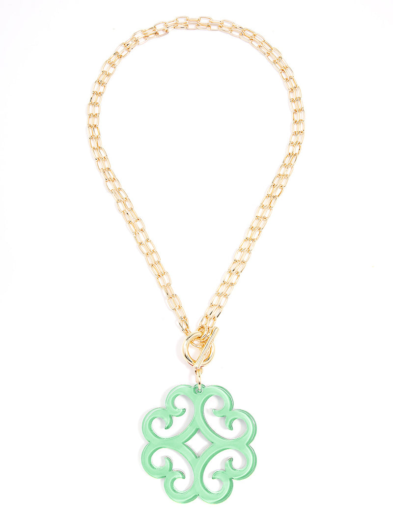 Circular Wave Resin Pendant Double Link Chain Necklace - MINT