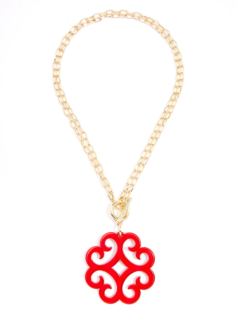 Circular Wave Resin Pendant Double Link Chain Necklace - RED