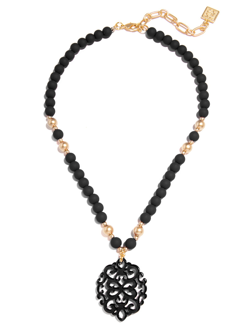 Damask Pendant Beaded Collar Necklace - BLK