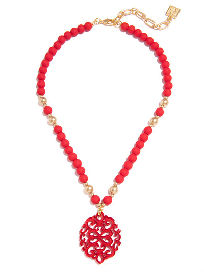 Damask Pendant Beaded Collar Necklace - RED