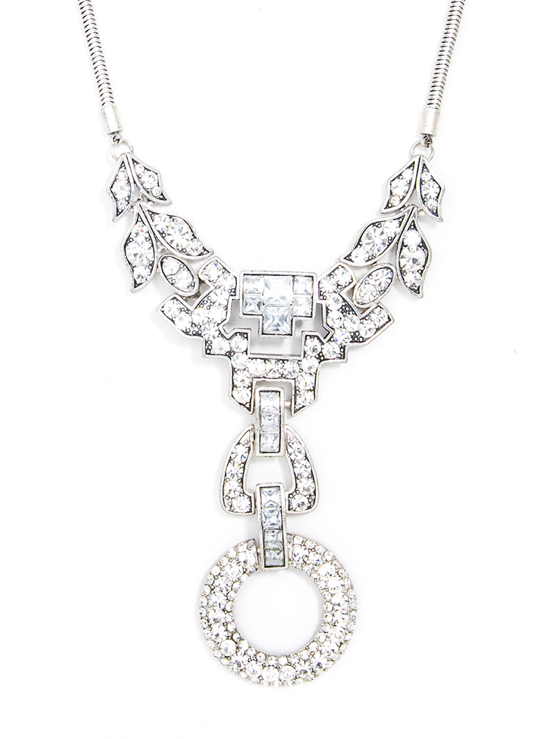 Antiqued Dazzling Crystal Detail Necklace - Burnished Silver/Clear