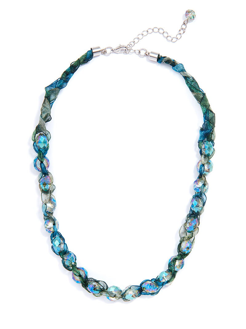 Ombre Ribbon and Crystal Necklace - blu