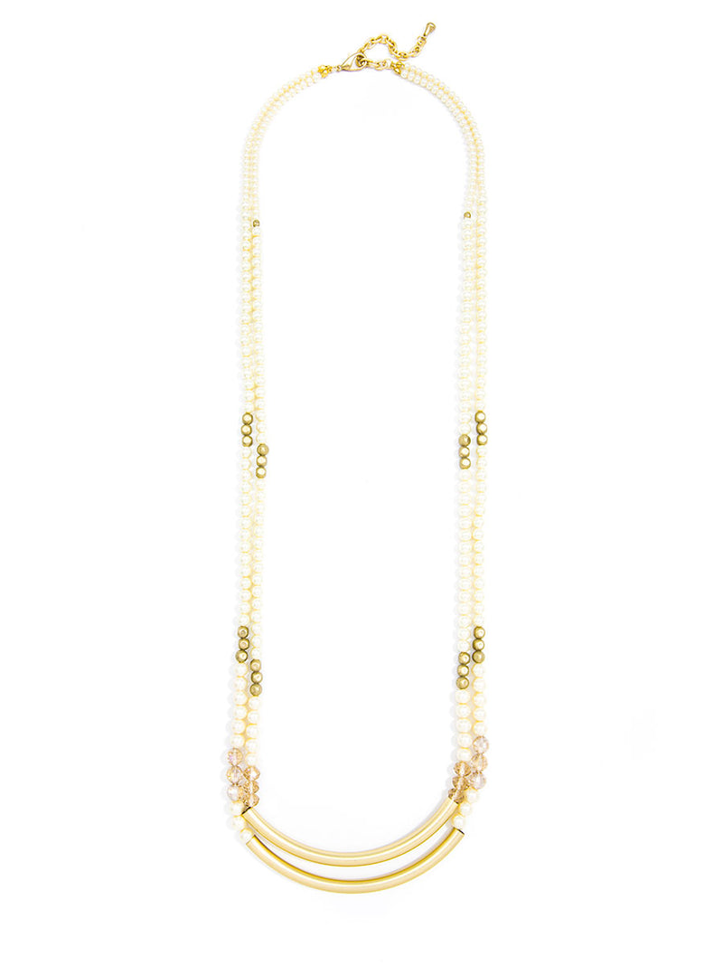 Layered Pearl and Crystal Long Necklace -Matte Gold/Pearl