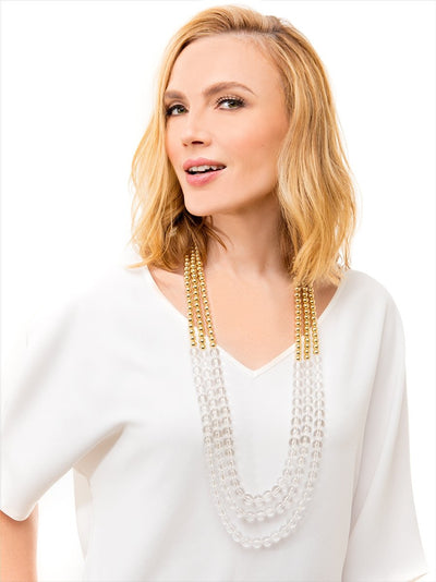 Beaded Lucite and Gold Long Necklace - Clear 