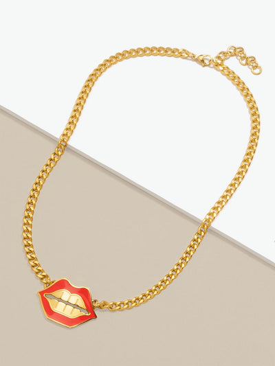 The Perfect Lip Pendant Chain Necklace  - color is Gold/Red | ZENZII Wholesale