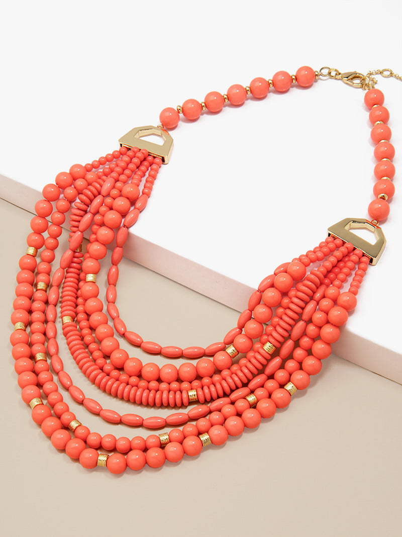Mixed Beads Layered Bib Necklace - Coral